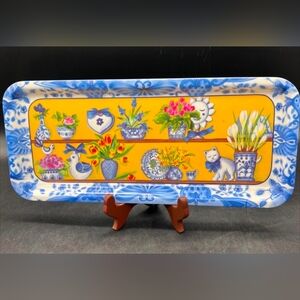 French Country Cats Flowers Blue White Yellow Melamine Tray